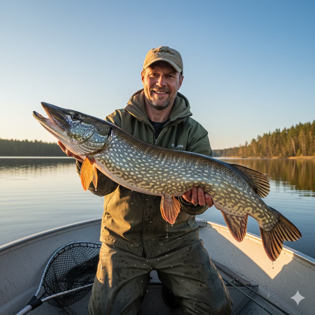 Pêcheur ayant pêché un brochet avec un bouchon